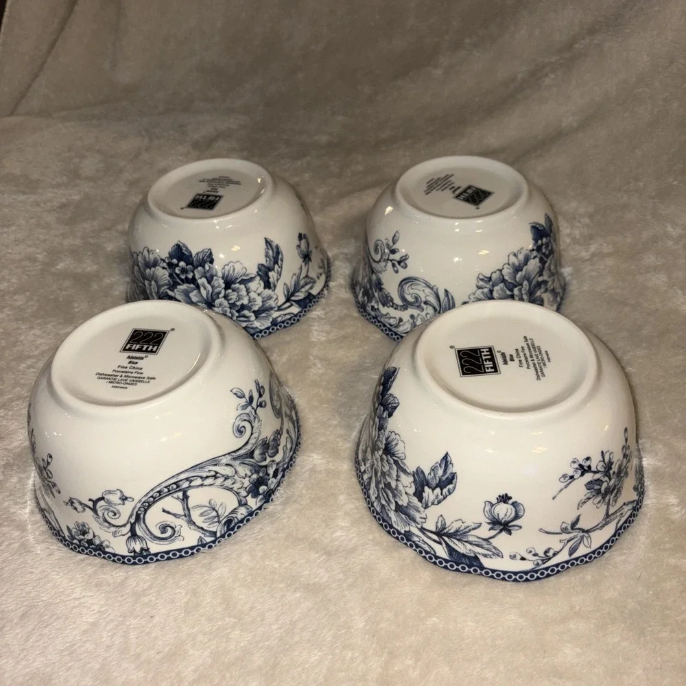 Set of Four 222 Fifth Adelaide Blue and White Birds Cereal / Soup Bowls